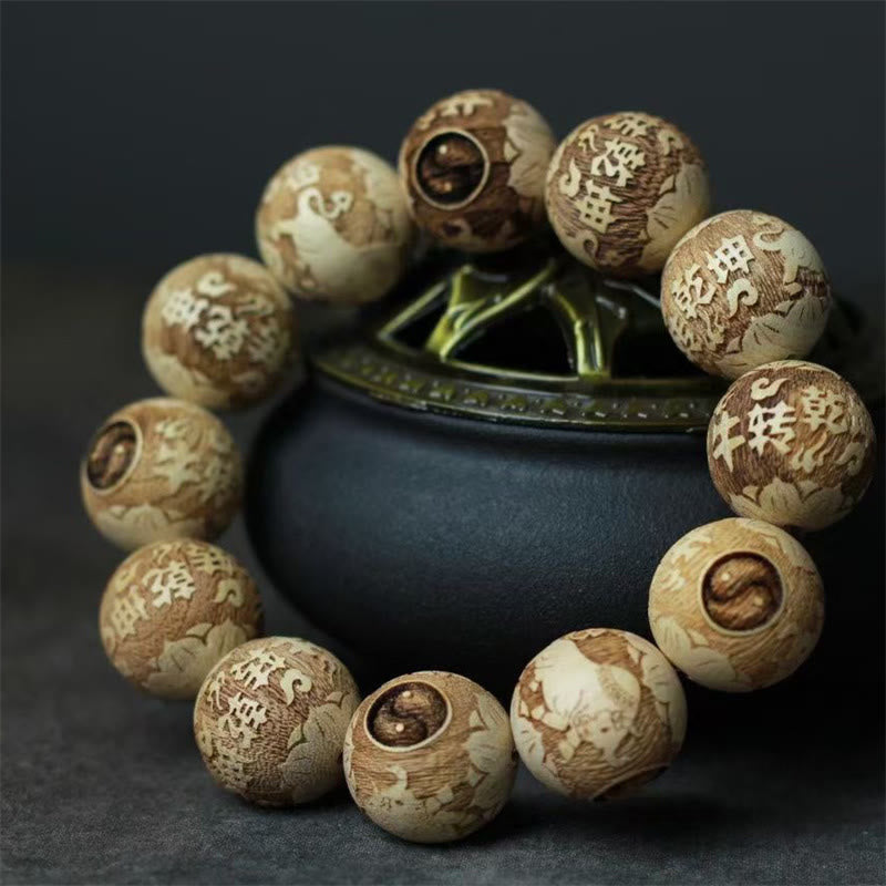 Buddha Stones Camphor Wood Yin Yang Ox Engraved Clarity Bracelet - image 1