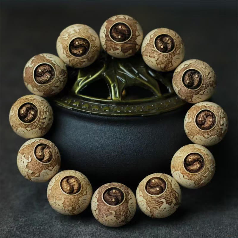 Buddha Stones Camphor Wood Yin Yang Ox Engraved Clarity Bracelet - Camphor Wood(Wrist Circumference 14-17cm) - image 0