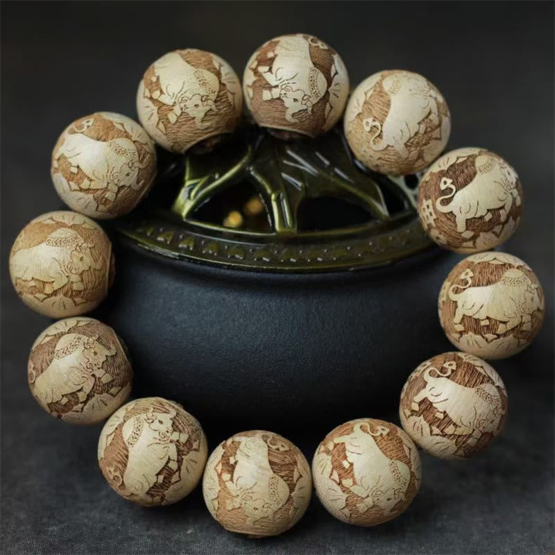 Buddha Stones Camphor Wood Yin Yang Ox Engraved Clarity Bracelet - image 2