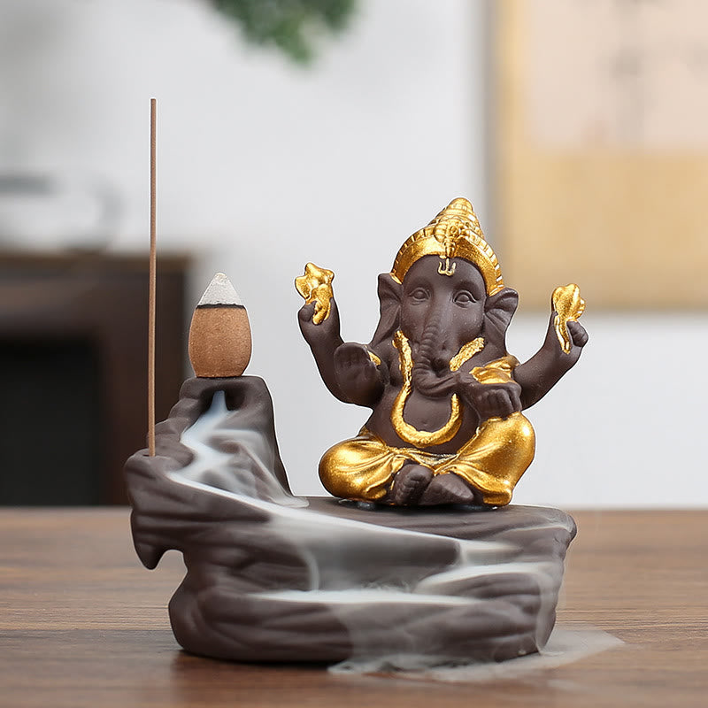 Buddha Stones Ganesh Elephant Purple Clay Backflow Smoke Fountain Protection Stick Incense Burner - Golden 10.1*11cm - image 2