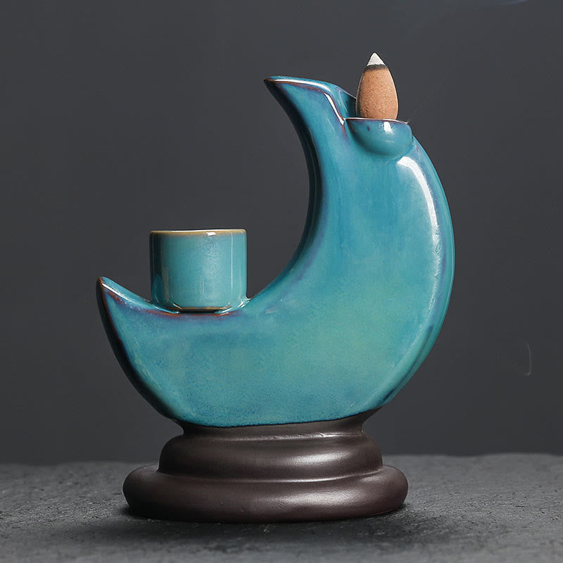 Buddha Stones Blue Crescent Moon Ceramic Backflow Smoke Fountain Meditation Candlestick Incense Burner Decoration - image 1