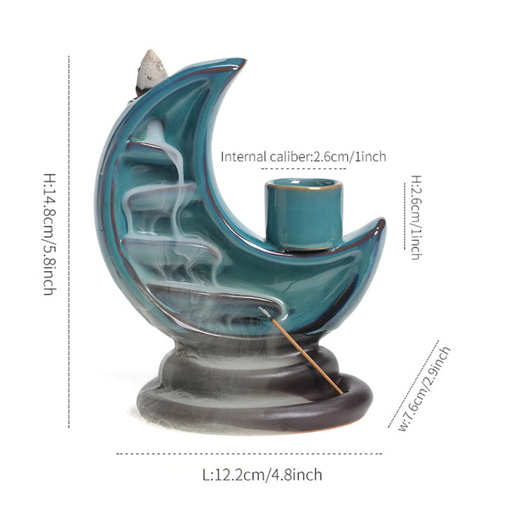 Buddha Stones Blue Crescent Moon Ceramic Backflow Smoke Fountain Meditation Candlestick Incense Burner Decoration - image 5