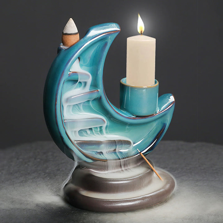 Buddha Stones Blue Crescent Moon Ceramic Backflow Smoke Fountain Meditation Candlestick Incense Burner Decoration - image 2