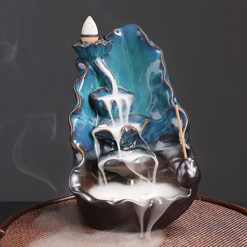 Buddha Stones Blue Lotus Leaf Ceramic Backflow Smoke Fountain Spiritual Incense Burner Decoration - Blue Lotus 10.1*9.6*16.2cm - image 0