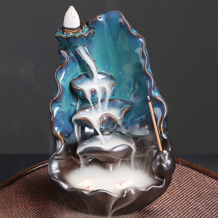 Buddha Stones Blue Lotus Leaf Ceramic Backflow Smoke Fountain Spiritual Incense Burner Decoration - image 5