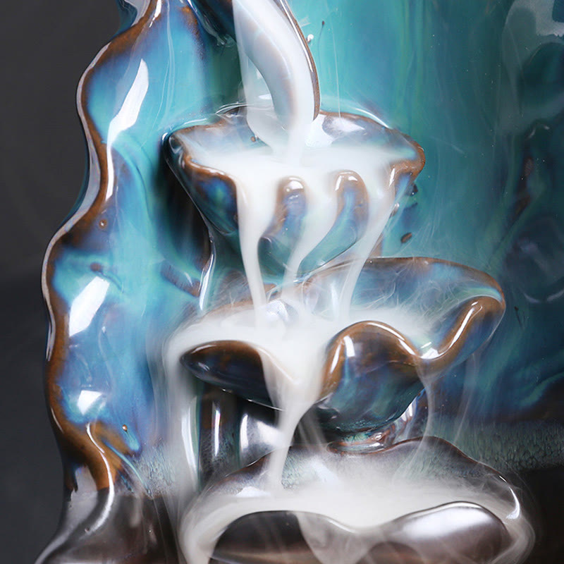 Buddha Stones Blue Lotus Leaf Ceramic Backflow Smoke Fountain Spiritual Incense Burner Decoration - image 7