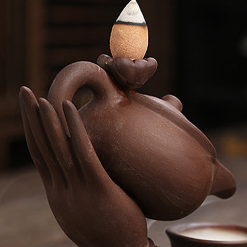 Buddha Stones Buddha Hand Holding Teapot Cup Ceramic Backflow Smoke Fountain Healing Incense Burner Decoration - image 15