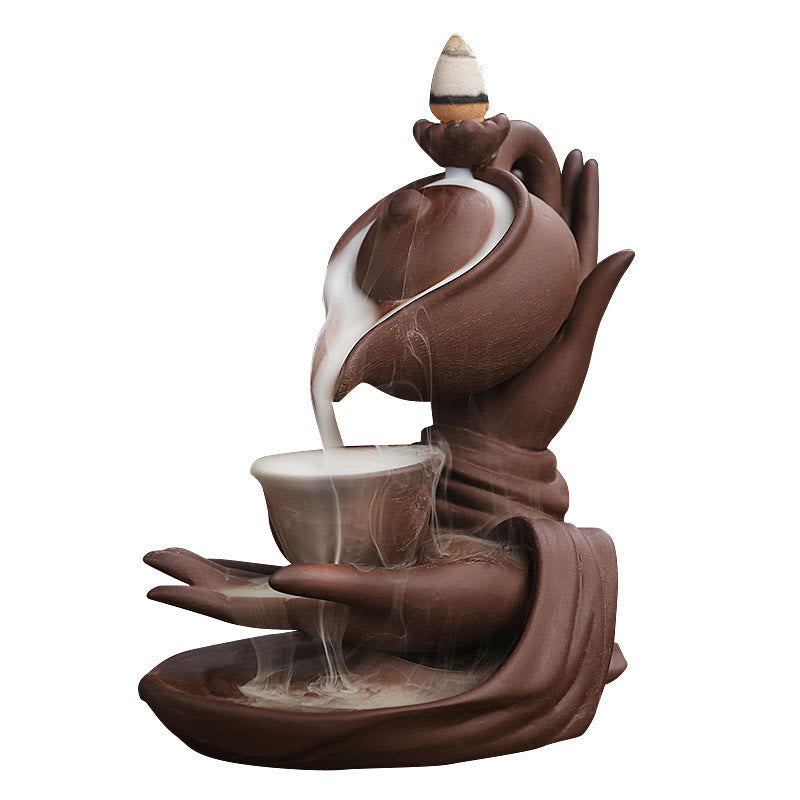 Buddha Stones Buddha Hand Holding Teapot Cup Ceramic Backflow Smoke Fountain Healing Incense Burner Decoration - image 19