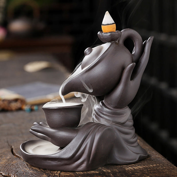 Buddha Stones Buddha Hand Holding Teapot Cup Ceramic Backflow Smoke Fountain Healing Incense Burner Decoration - image 2