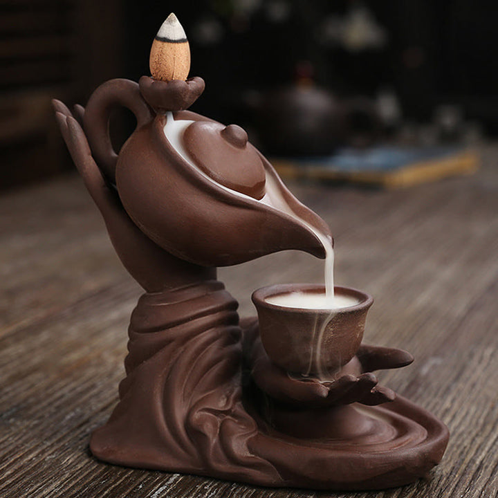 Buddha Stones Buddha Hand Holding Teapot Cup Ceramic Backflow Smoke Fountain Healing Incense Burner Decoration - image 13