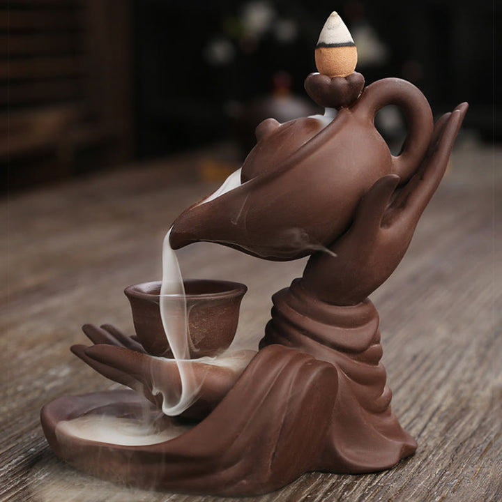 Buddha Stones Buddha Hand Holding Teapot Cup Ceramic Backflow Smoke Fountain Healing Incense Burner Decoration - image 12