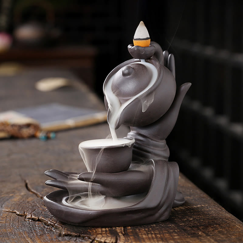 Buddha Stones Buddha Hand Holding Teapot Cup Ceramic Backflow Smoke Fountain Healing Incense Burner Decoration - image 4
