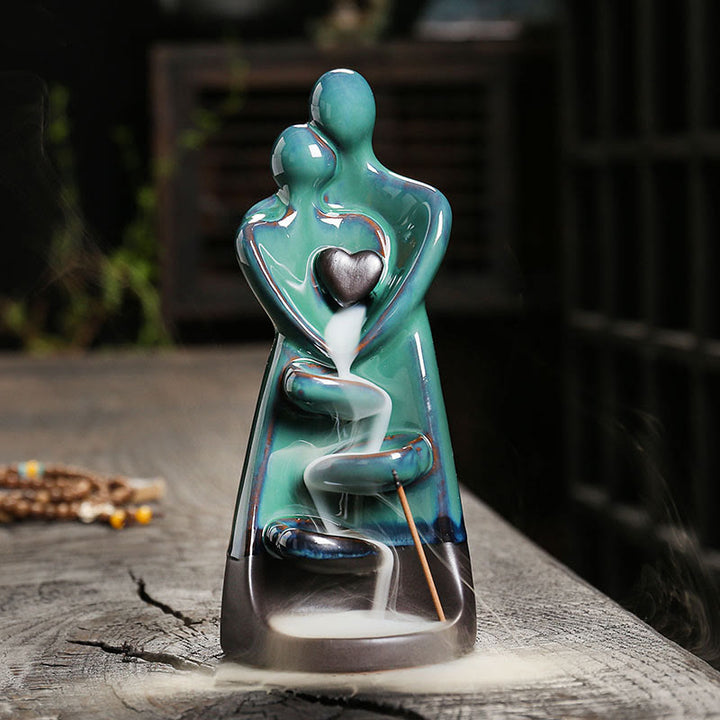Buddha Stones Lovers Couple Embrace Love Ceramic Backflow Smoke Fountain Healing Incense Burner Decoration - 7.3*7.4*17.4cm - image 0