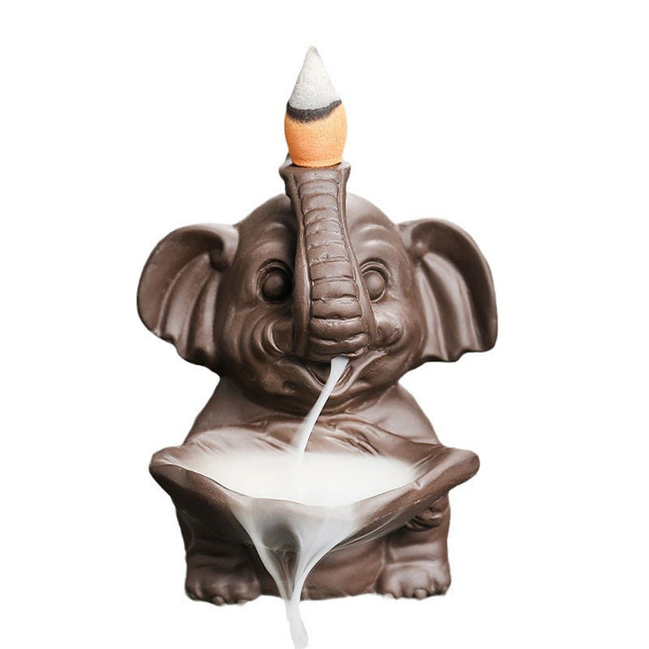 Buddha Stones Little Elephant Holding Leaf Purple Clay Backflow Smoke Fountain Healing Incense Burner Decoration - image 17