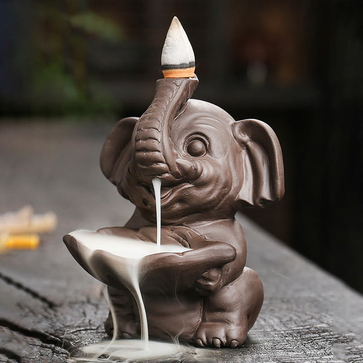 Buddha Stones Little Elephant Holding Leaf Purple Clay Backflow Smoke Fountain Healing Incense Burner Decoration - image 3