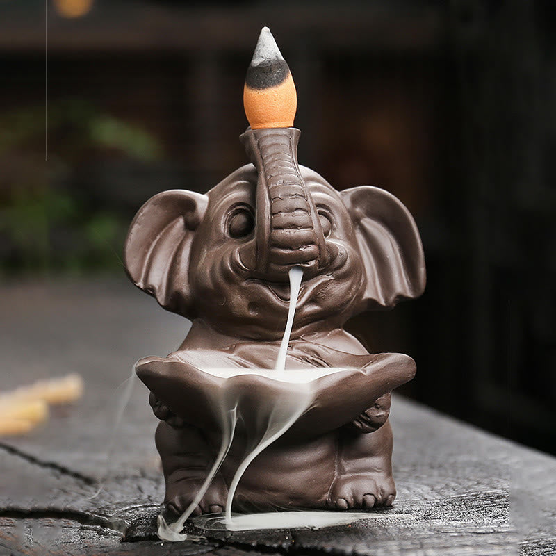 Buddha Stones Little Elephant Holding Leaf Purple Clay Backflow Smoke Fountain Healing Incense Burner Decoration - image 7