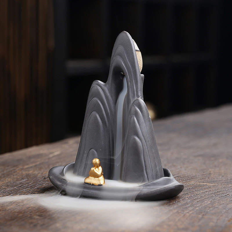 Buddha Stones Little Monk Mountains Flowing Water Purple Clay Ceramic Healing Backflow Incense Burner Decoration - image 1