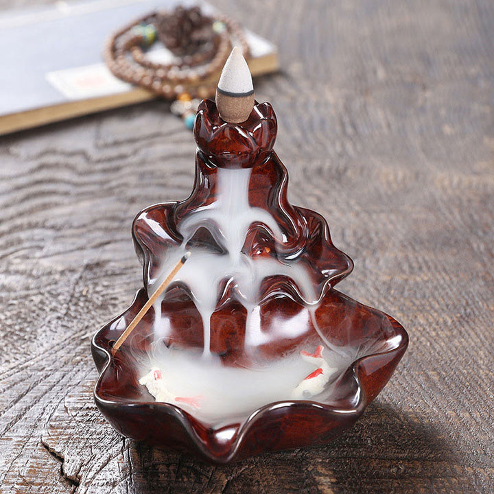 Buddha Stones Lotus Leaf Koi Fish Ceramic Backflow Smoke Fountain Peace Incense Burner Decoration - Red 11.5*11*10cm - image 15