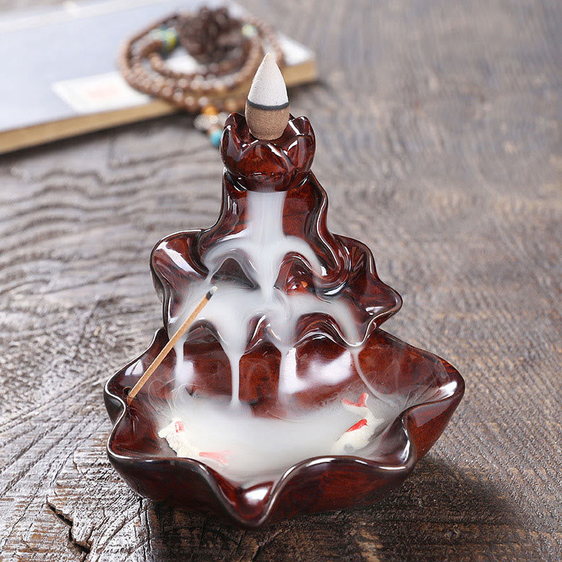 Buddha Stones Lotus Leaf Koi Fish Ceramic Backflow Smoke Fountain Peace Incense Burner Decoration - Red 11.5*11*10cm - image 15