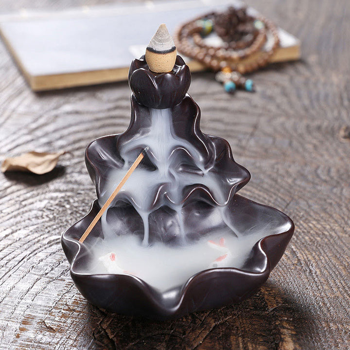 Buddha Stones Lotus Leaf Koi Fish Ceramic Backflow Smoke Fountain Peace Incense Burner Decoration - Black 11.5*11*10cm - image 11