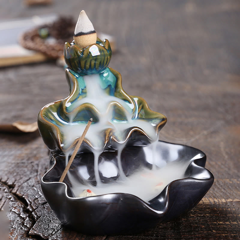 Buddha Stones Lotus Leaf Koi Fish Ceramic Backflow Smoke Fountain Peace Incense Burner Decoration - image 1