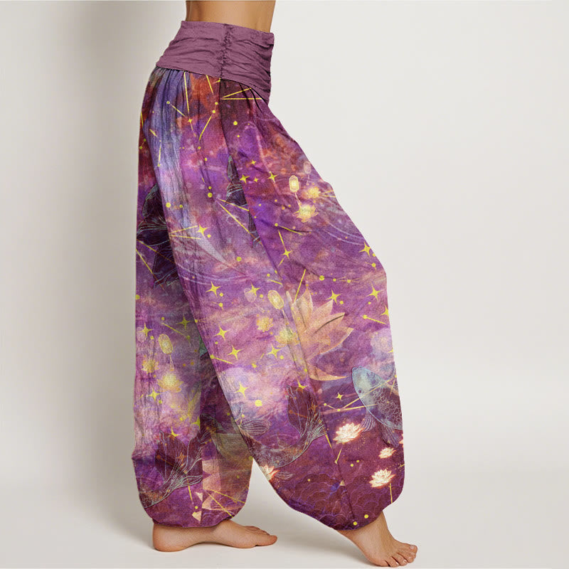 Buddha Stones Koi Fish Lotus Moon Stars Pattern Women's Elastic Waist Harem Pants - image 5
