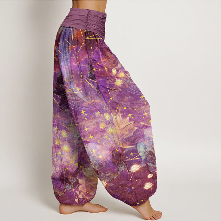Buddha Stones Koi Fish Lotus Moon Stars Pattern Women's Elastic Waist Harem Pants - image 5