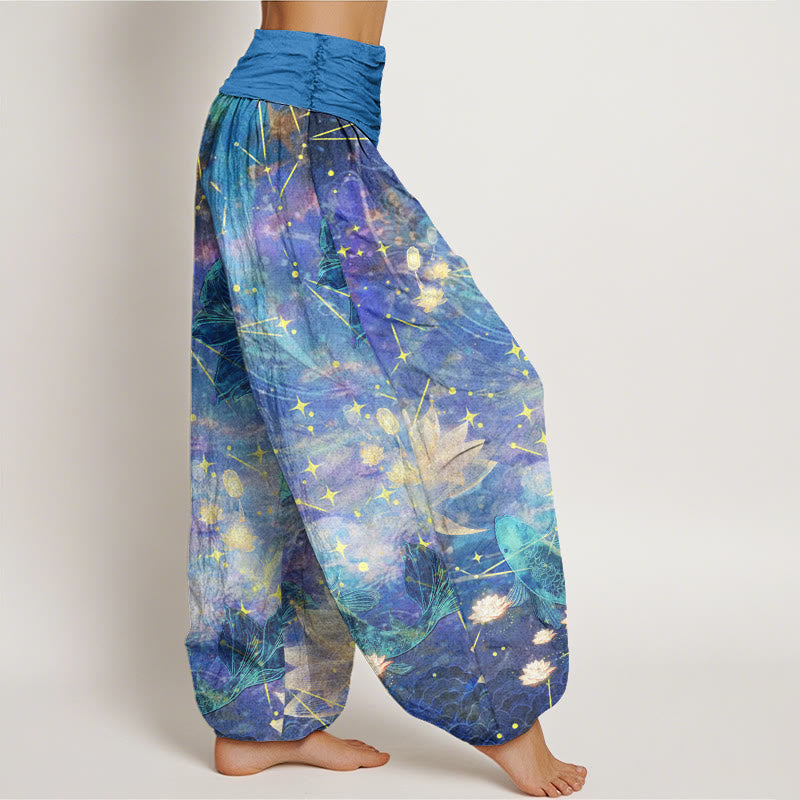 Buddha Stones Koi Fish Lotus Moon Stars Pattern Women's Elastic Waist Harem Pants - image 1
