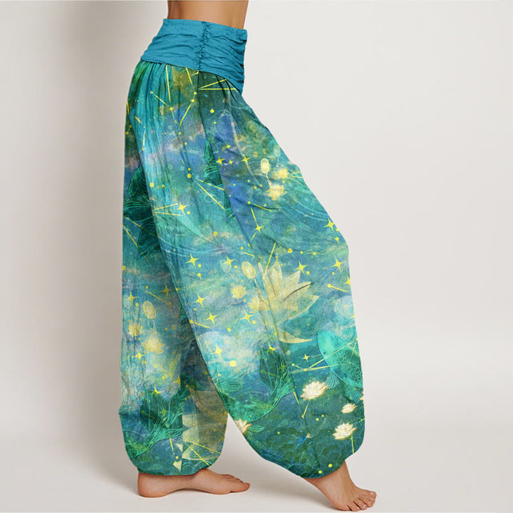 Buddha Stones Koi Fish Lotus Moon Stars Pattern Women's Elastic Waist Harem Pants - image 8