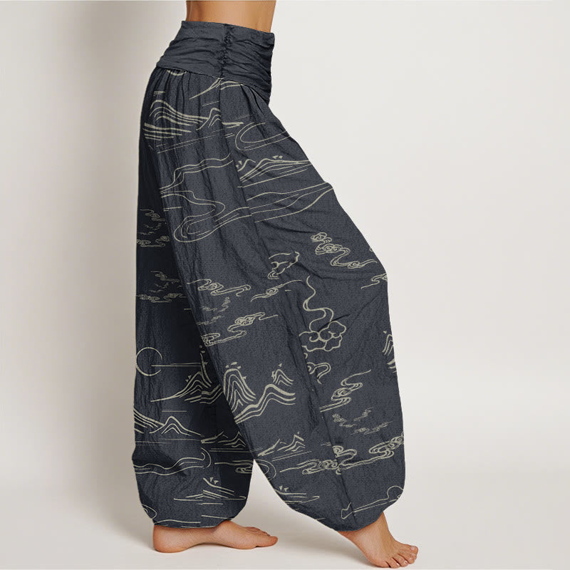 Buddha Stones Mountain Moon Auspicious Clouds Pattern Women's Elastic Waist Harem Pants - image 1