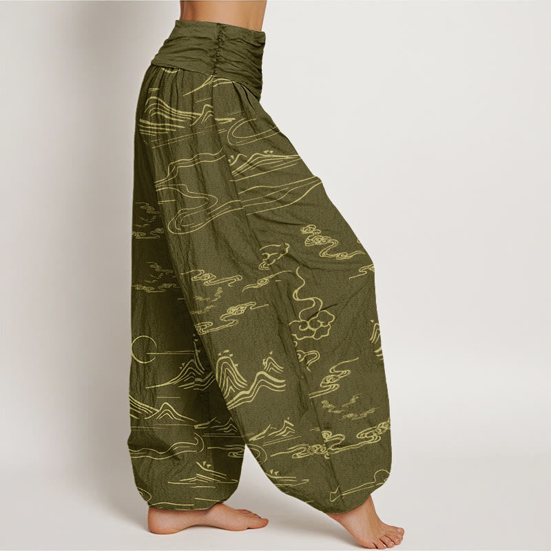 Buddha Stones Mountain Moon Auspicious Clouds Pattern Women's Elastic Waist Harem Pants - image 5