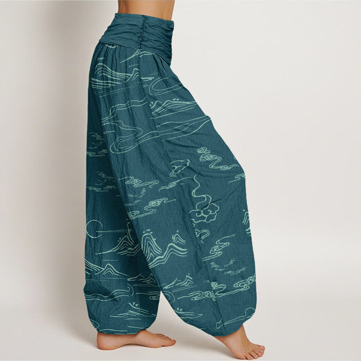 Buddha Stones Mountain Moon Auspicious Clouds Pattern Women's Elastic Waist Harem Pants - image 8