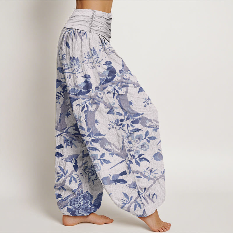 Buddha Stones Cotton Birds Branches Flowers Pattern Women's Elastic Waist Harem Pants - image 9