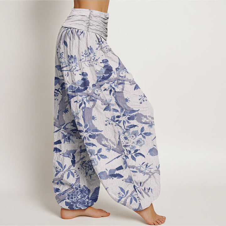 Buddha Stones Cotton Birds Branches Flowers Pattern Women's Elastic Waist Harem Pants - image 9