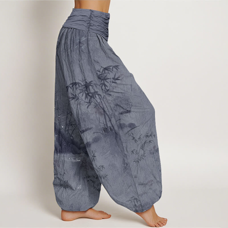 Buddha Stones Cotton Casual Bamboo Rock Ink Painting Women's Elastic Waist Harem Pants - image 1