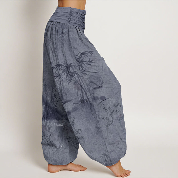 Buddha Stones Cotton Casual Bamboo Rock Ink Painting Women's Elastic Waist Harem Pants - image 1