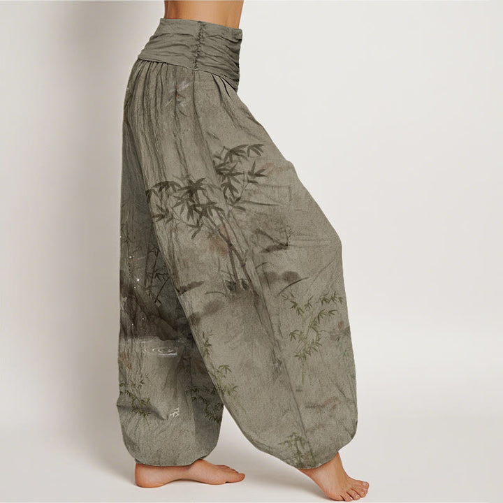 Buddha Stones Cotton Casual Bamboo Rock Ink Painting Women's Elastic Waist Harem Pants - image 5