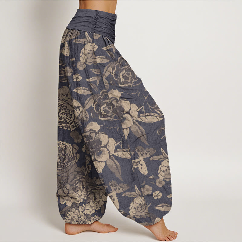 Buddha Stones Casual Peony Flowers Leaves Women's Elastic Waist Harem Pants - image 1