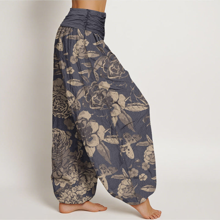 Buddha Stones Casual Peony Flowers Leaves Women's Elastic Waist Harem Pants - image 1