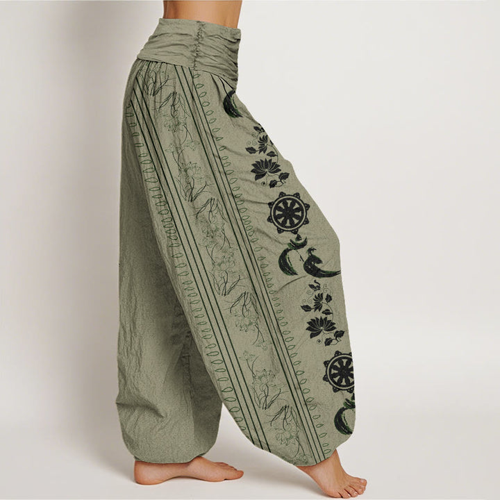 Buddha Stones Cotton Dharma Wheel Lotus OM Pattern Women's Elastic Waist Harem Pants - image 5