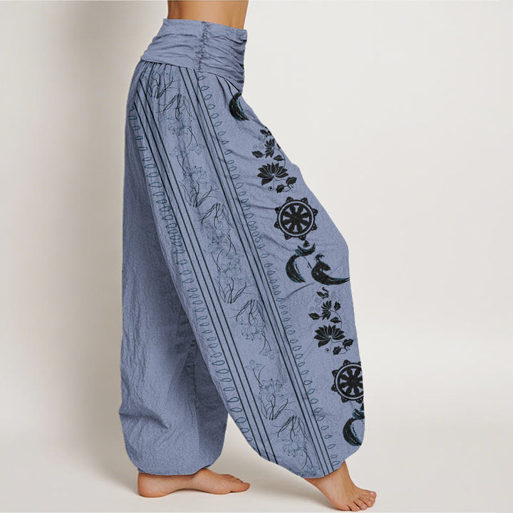Buddha Stones Dharma Wheel Lotus OM Pattern Women's Elastic Waist Harem Pants - image 1