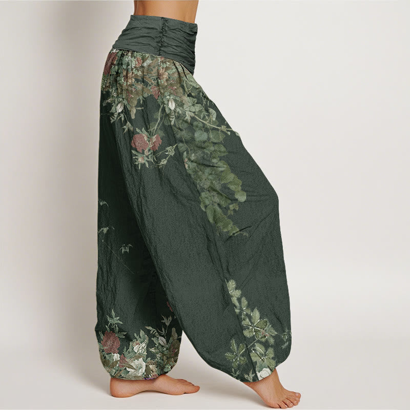 Buddha Stones Casual Red Peony Flower Vine Design Women's Elastic Waist Harem Pants - image 5