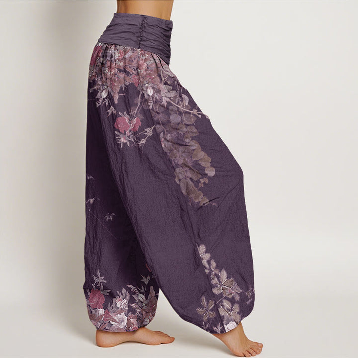 Buddha Stones Cotton Casual Red Peony Flower Vine Design Women's Elastic Waist Harem Pants - image 8