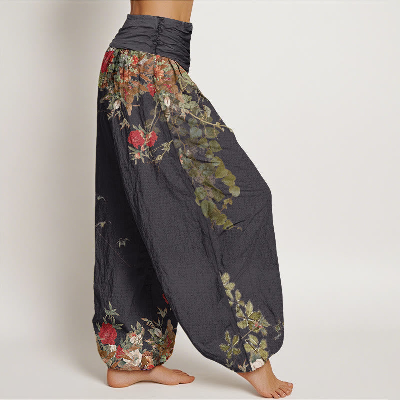 Buddha Stones Casual Red Peony Flower Vine Design Women's Elastic Waist Harem Pants - image 1