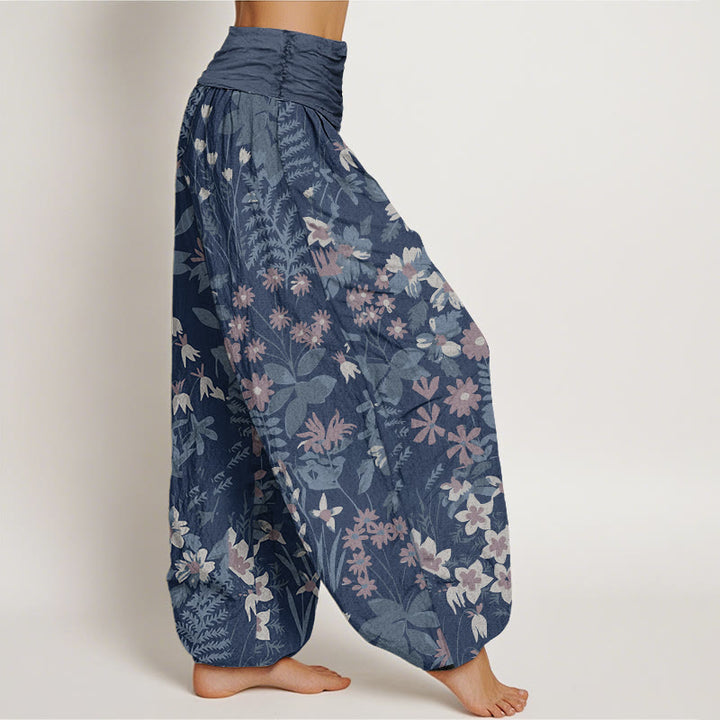Buddha Stones Cotton Casual Daisy Flowers Leaves Design Women's Elastic Waist Harem Pants - image 8