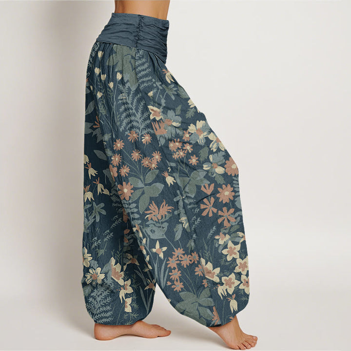 Buddha Stones Casual Daisy Flowers Leaves Design Women's Elastic Waist Harem Pants - image 1