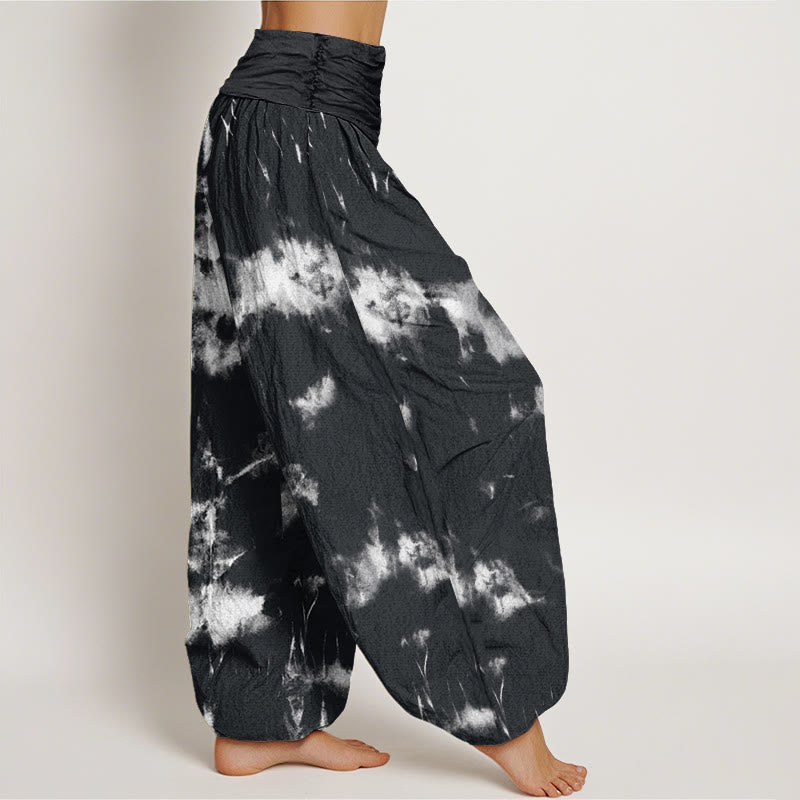 Buddha Stones White Lines Spots Tie-Dye Pattern Women's Elastic Waist Harem Pants - image 1