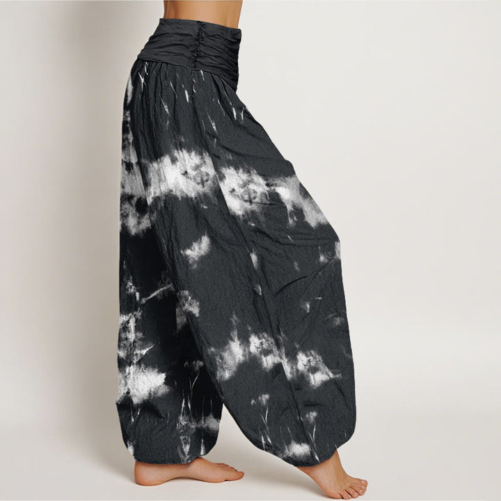 Buddha Stones White Lines Spots Tie-Dye Pattern Women's Elastic Waist Harem Pants - image 1