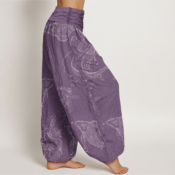 Buddha Stones Koi Fish Floral Pattern Women's Elastic Waist Harem Pants - image 5