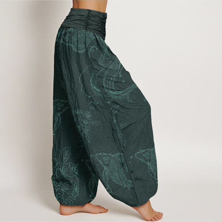 Buddha Stones Cotton Koi Fish Floral Pattern Women's Elastic Waist Harem Pants - image 8
